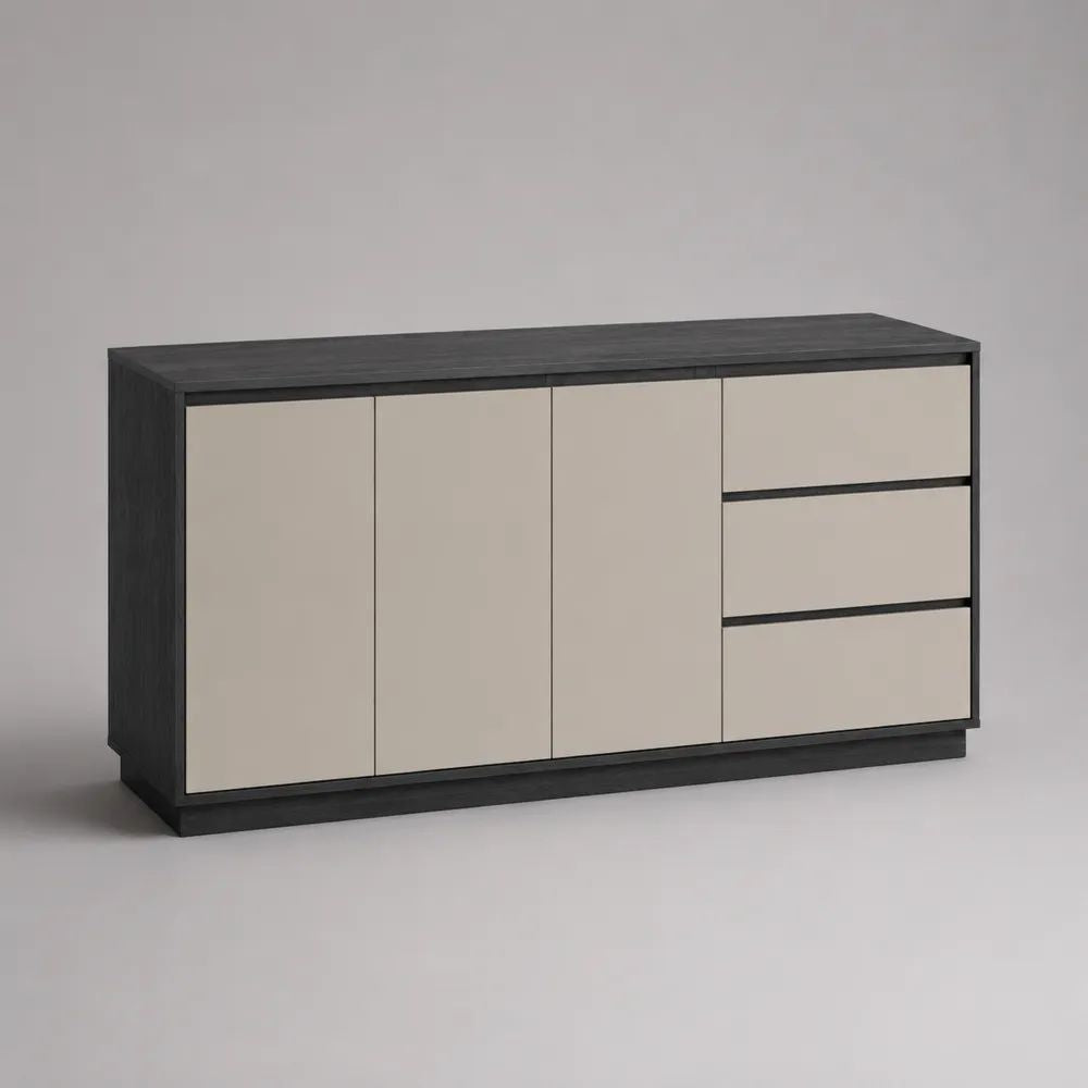 Credenza in legno con 3 ante e 3 cassetti, nero e beige, 160 x 40 x 80 cm