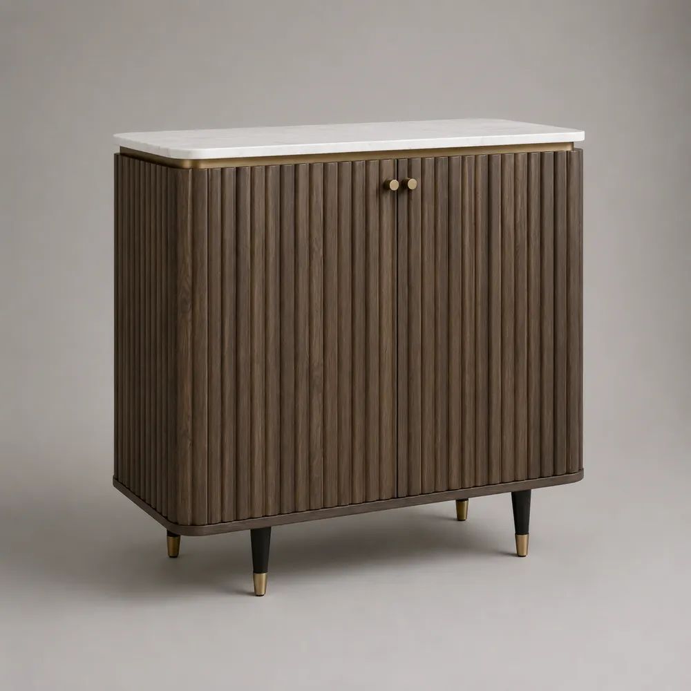 Credenza contenitore a 2 ante in legno con piano in pietra, marrone noce e bianco, 100 x 40 x 110 cm