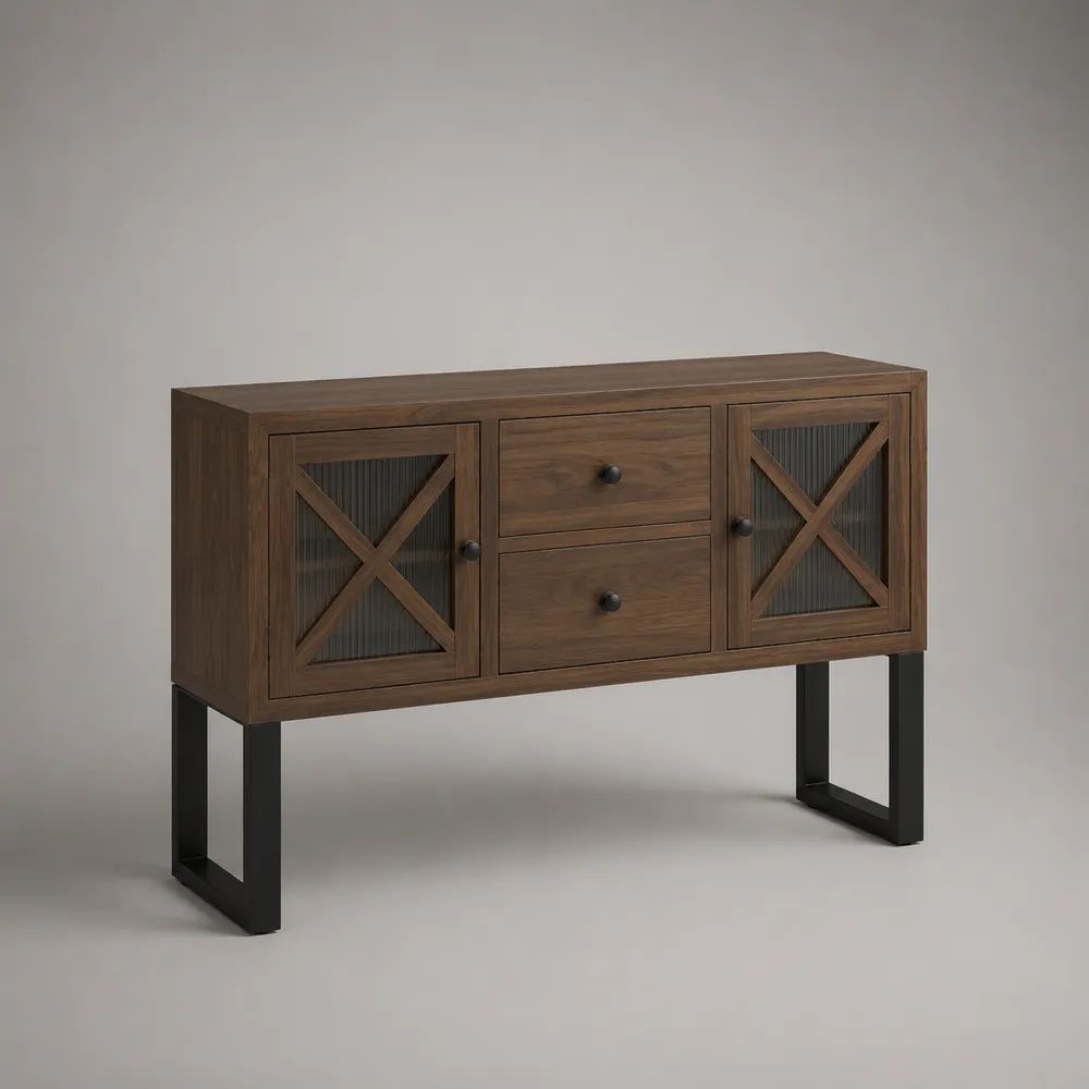 Credenza in MDF con vetro scanalato e gambe in acciaio, 120 × 40 × 85 cm, marrone noce e nero