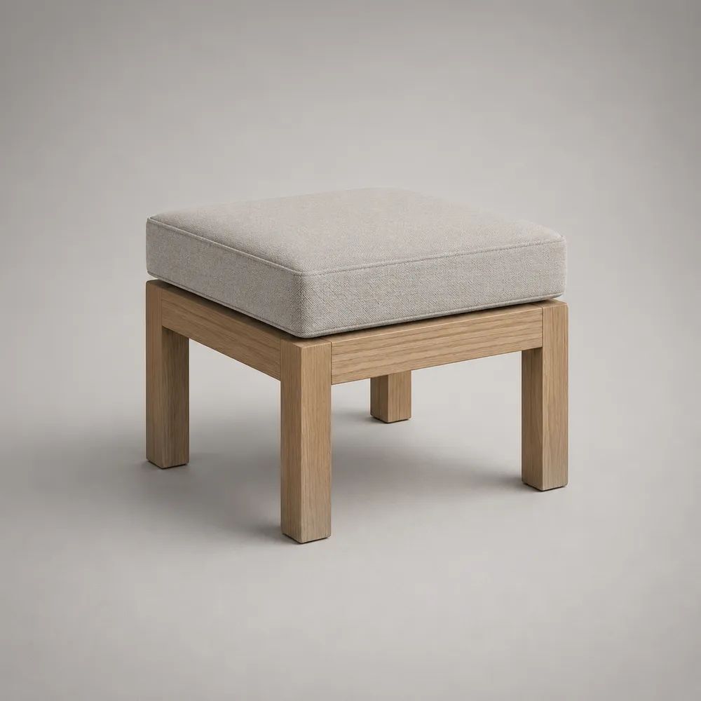 Sgabello rettangolare imbottito in legno massello e tessuto beige chiaro, 50 x 45 x 46 cm