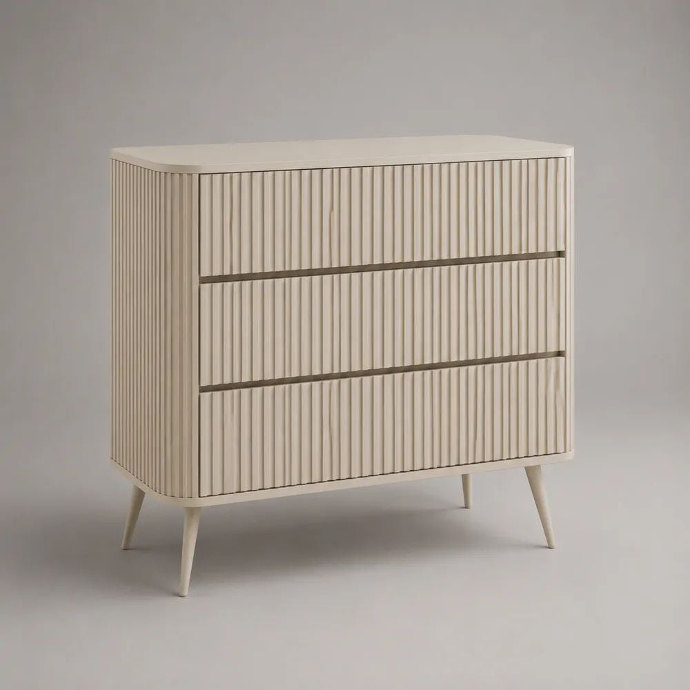 Cassettiera rettangolare in legno color crema con 3 cassetti scanalati, 80 × 40 × 85 cm