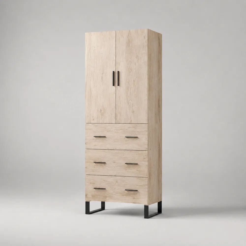 Credenza alta rettangolare con 2 ante e 3 cassetti in pannello truciolare melaminico e acciaio, rovere chiaro e nero, 80 × 40 × 190 cm