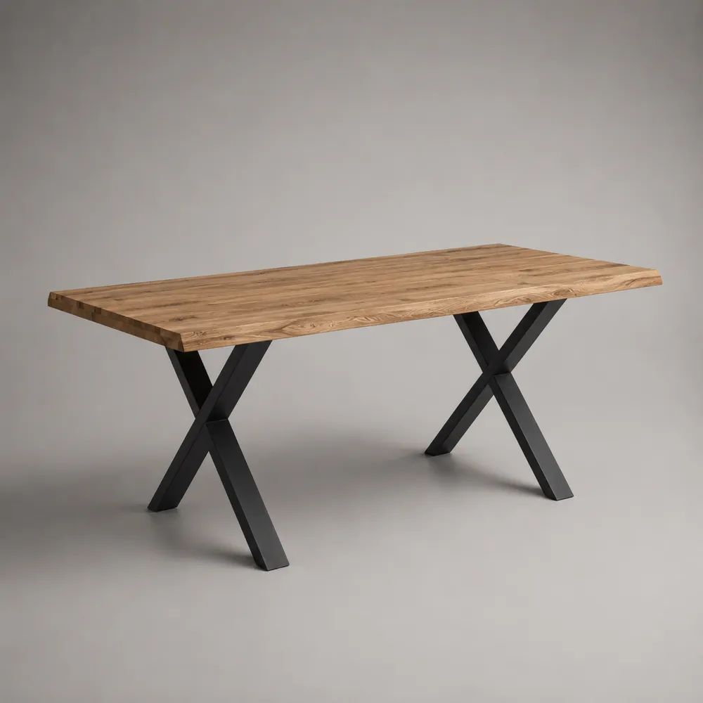 Tavolo da pranzo rettangolare in legno massello di acacia e acciaio nero con gambe a X, 180 x 90 x 76 cm