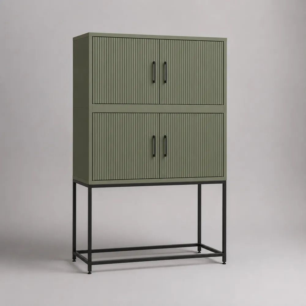 Credenza alta a 4 ante in MDF scanalato e acciaio, verde oliva e nero, 80 x 40 x 130 cm
