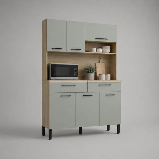 Credenza alta da cucina in legno con vano per microonde, grigio chiaro e rovere naturale, 90 × 40 × 180 cm