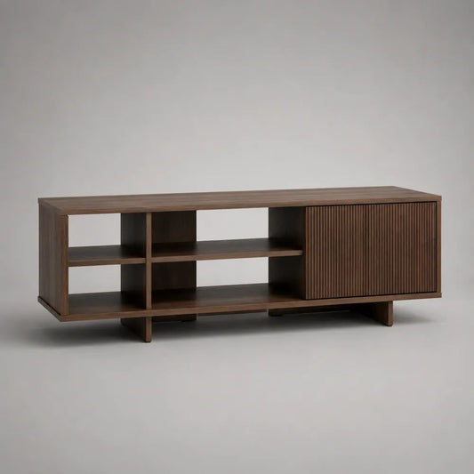 Mobile TV basso in MDF impiallacciato noce con anta scorrevole a doghe e 4 vani aperti, marrone noce, 160 x 40 x 58 cm