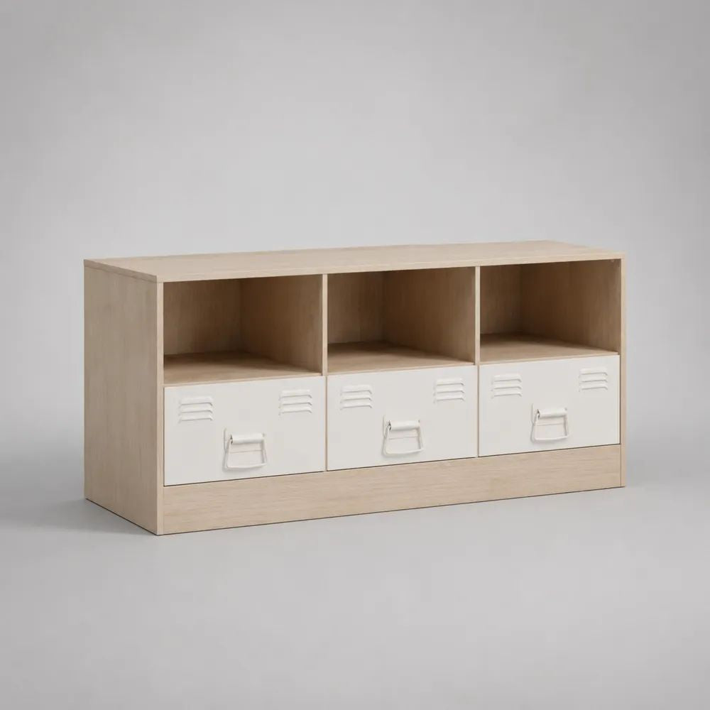 Mobile TV rettangolare in legno e metallo con 3 vani aperti e 3 cassetti, rovere chiaro e bianco, 120 x 40 x 60 cm