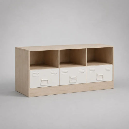Mobile TV rettangolare in legno e metallo con 3 vani aperti e 3 cassetti, rovere chiaro e bianco, 120 x 40 x 60 cm