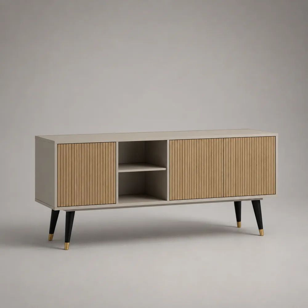 Mobile TV rettangolare con 2 ante e 2 vani, in pannello truciolare e MDF impiallacciato rovere, beige e naturale, 140 × 40 × 75 cm