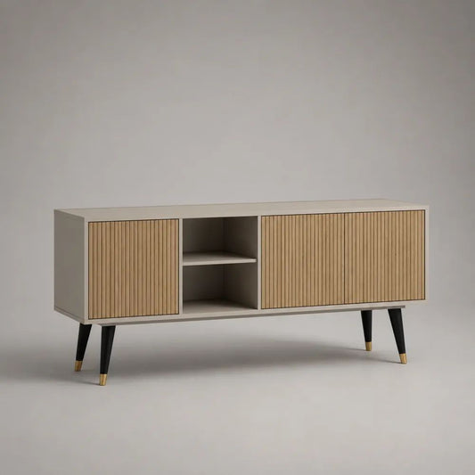 Mobile TV rettangolare con 2 ante e 2 vani, in pannello truciolare e MDF impiallacciato rovere, beige e naturale, 140 × 40 × 75 cm