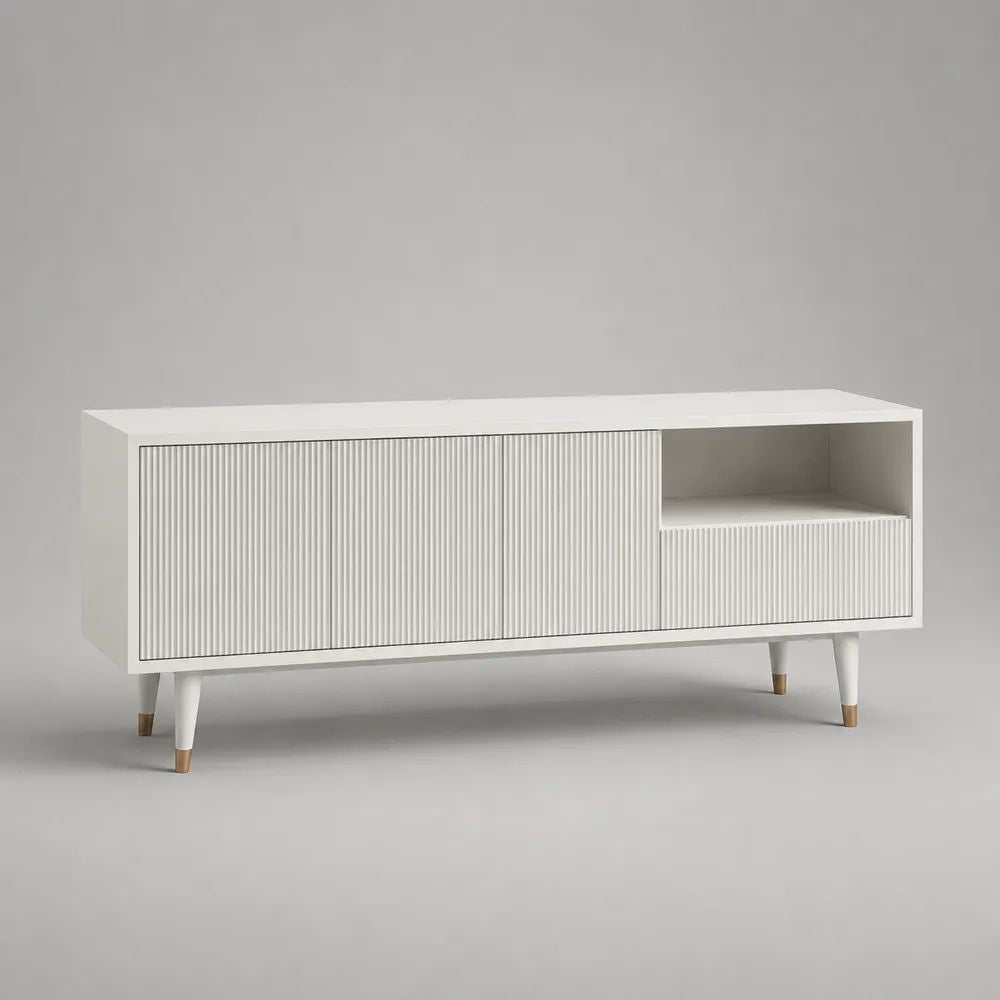 Mobile TV basso rettangolare in MDF con frontali scanalati, bianco e legno naturale, 140 x 40 x 60 cm