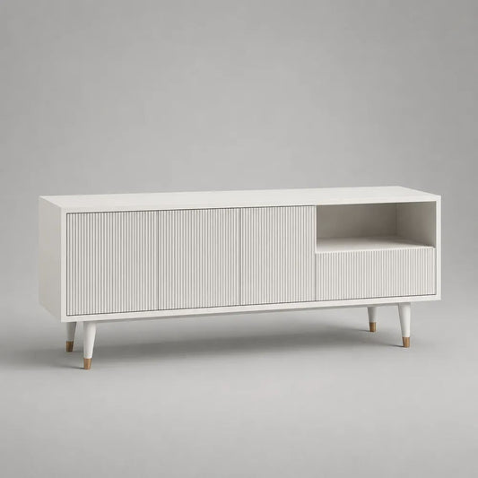 Mobile TV basso rettangolare in MDF con frontali scanalati, bianco e legno naturale, 140 x 40 x 60 cm