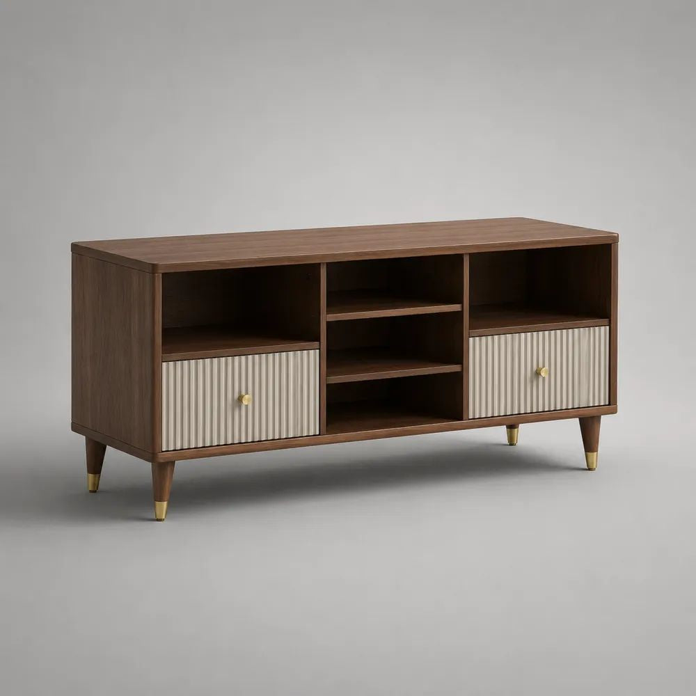 Mobile TV rettangolare in legno MDF impiallacciato con 2 ante e 5 vani aperti, marrone noce e beige, 120 x 40 x 65 cm