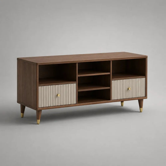 Mobile TV rettangolare in legno MDF impiallacciato con 2 ante e 5 vani aperti, marrone noce e beige, 120 x 40 x 65 cm