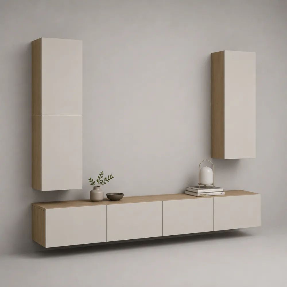 Composizione TV sospesa rettangolare 3 pezzi in truciolare, bianco opaco e rovere naturale, base 240 × 40 × 40 cm, colonna 60 × 30 × 160 cm e pensile 45 × 30 × 100 cm