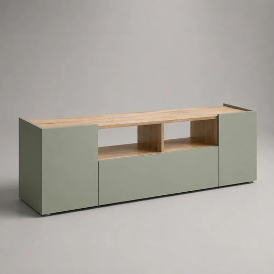 Mobile TV rettangolare in legno verde salvia e rovere naturale, 180 x 40 x 70 cm