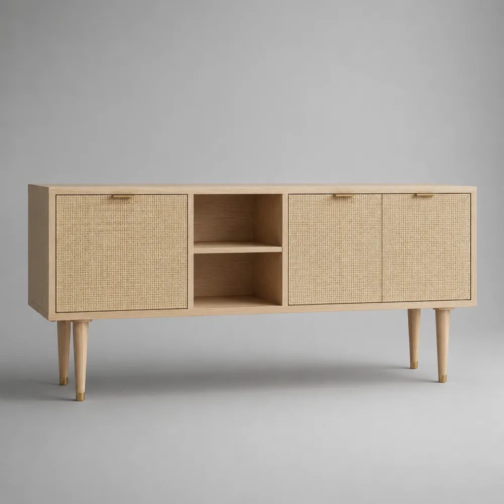 Mobile TV rettangolare con 3 ante in rattan naturale e MDF impiallacciato rovere, beige, 160 × 40 × 75 cm