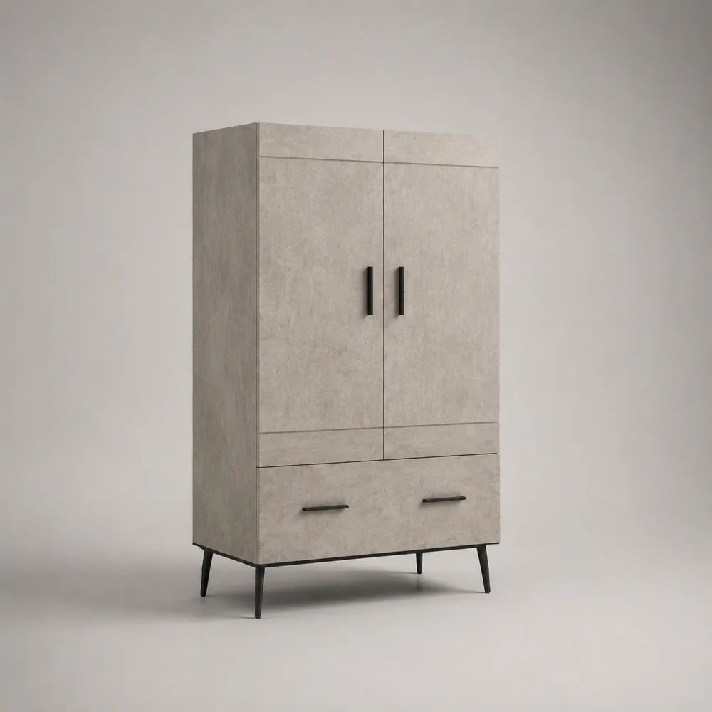 Credenza alta a 2 ante e 1 cassetto in truciolare melaminico grigio effetto cemento con gambe nere, 90 x 40 x 160 cm