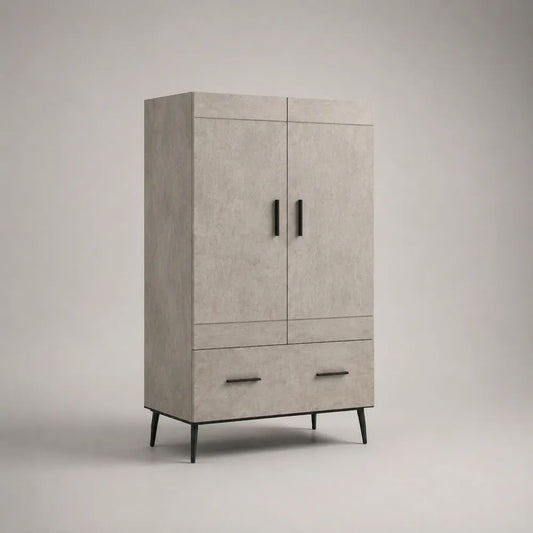 Credenza alta a 2 ante e 1 cassetto in truciolare melaminico grigio effetto cemento con gambe nere, 90 x 40 x 160 cm