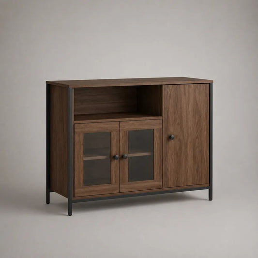 Credenza rettangolare a 3 ante con vano aperto in legno, vetro e acciaio, marrone noce, nero e grigio fumé, 110 x 40 x 90 cm