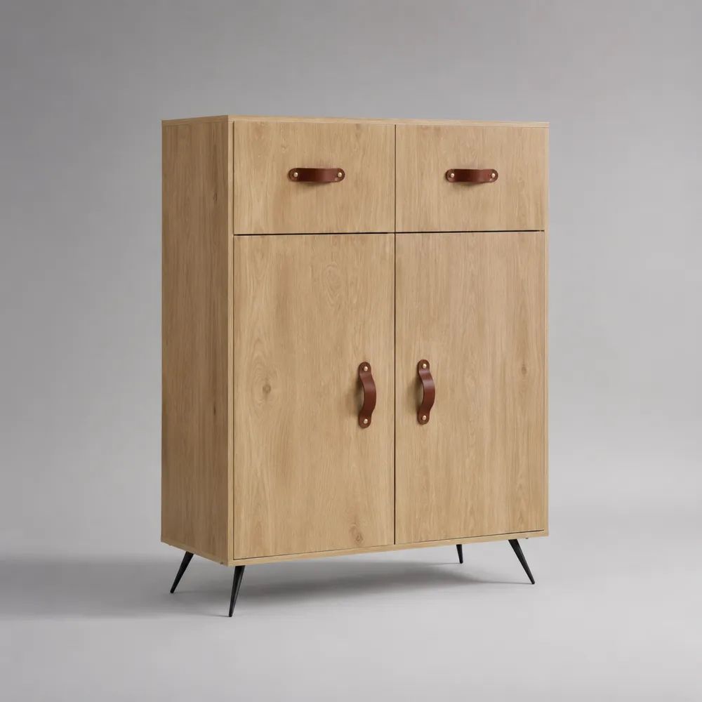 Credenza alta con 2 ante e 2 cassetti in pannello truciolare effetto rovere naturale, marrone e nero, 100 x 40 x 120 cm