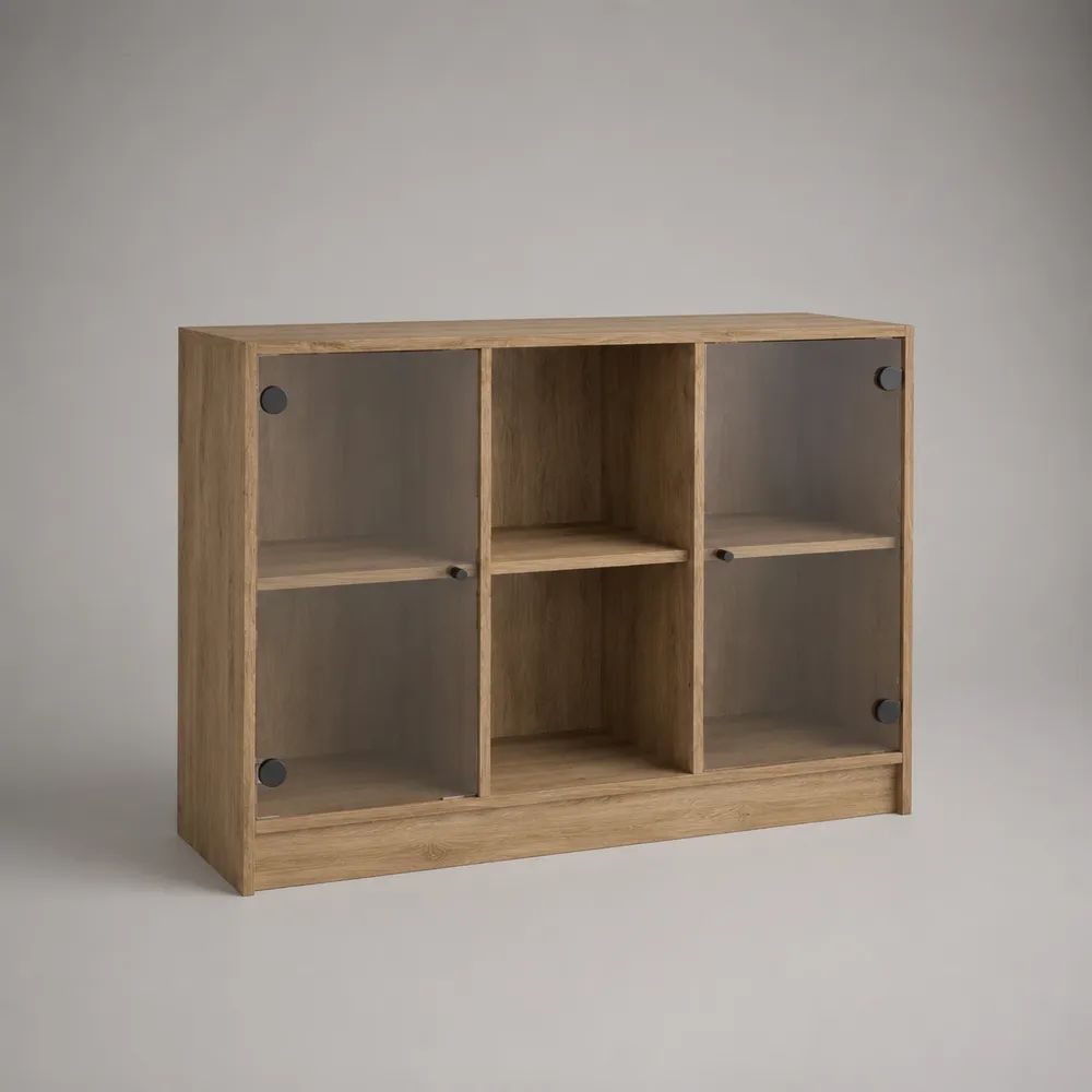 Credenza rettangolare in legno con 2 ante in vetro fumé e 6 vani, effetto rovere naturale, 120 x 35 x 80 cm