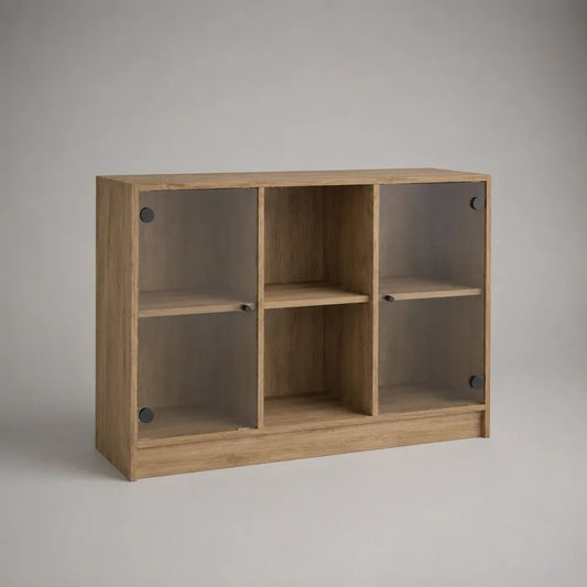 Credenza rettangolare in legno con 2 ante in vetro fumé e 6 vani, effetto rovere naturale, 120 x 35 x 80 cm