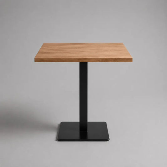 Tavolo da pranzo quadrato 80 x 80 x 75 cm con piano in legno e base centrale in acciaio, rovere naturale e nero