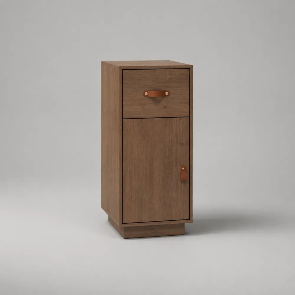 Credenza stretta rettangolare in MDF impiallacciato noce con cassetto e anta, marrone noce/cognac, 40 × 35 × 90 cm