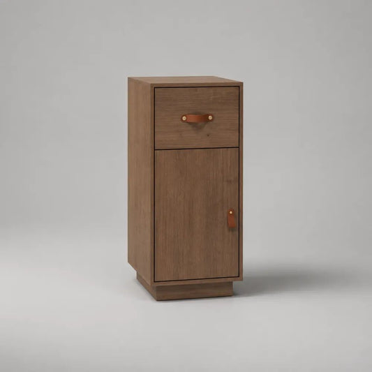 Credenza stretta rettangolare in MDF impiallacciato noce con cassetto e anta, marrone noce/cognac, 40 × 35 × 90 cm