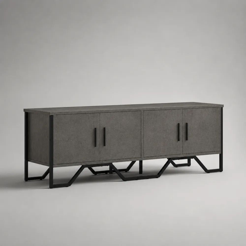 Mobile TV rettangolare con 4 ante in legno e acciaio, grigio cemento e nero, 180 × 40 × 70 cm