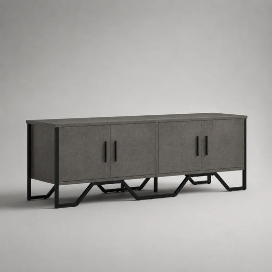 Mobile TV rettangolare con 4 ante in legno e acciaio, grigio cemento e nero, 180 × 40 × 70 cm