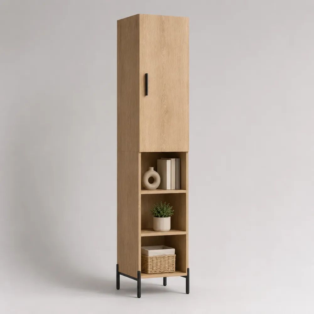 Mobile colonna contenitore in legno effetto rovere con 1 anta, 3 vani aperti e struttura in metallo, 40 x 35 x 180 cm, rovere naturale e nero