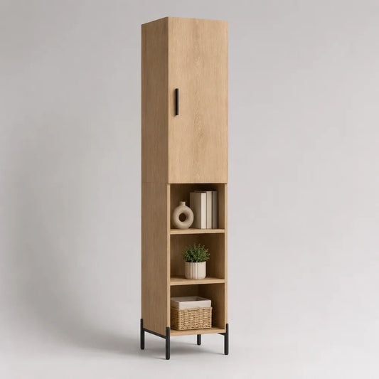 Mobile colonna contenitore in legno effetto rovere con 1 anta, 3 vani aperti e struttura in metallo, 40 x 35 x 180 cm, rovere naturale e nero