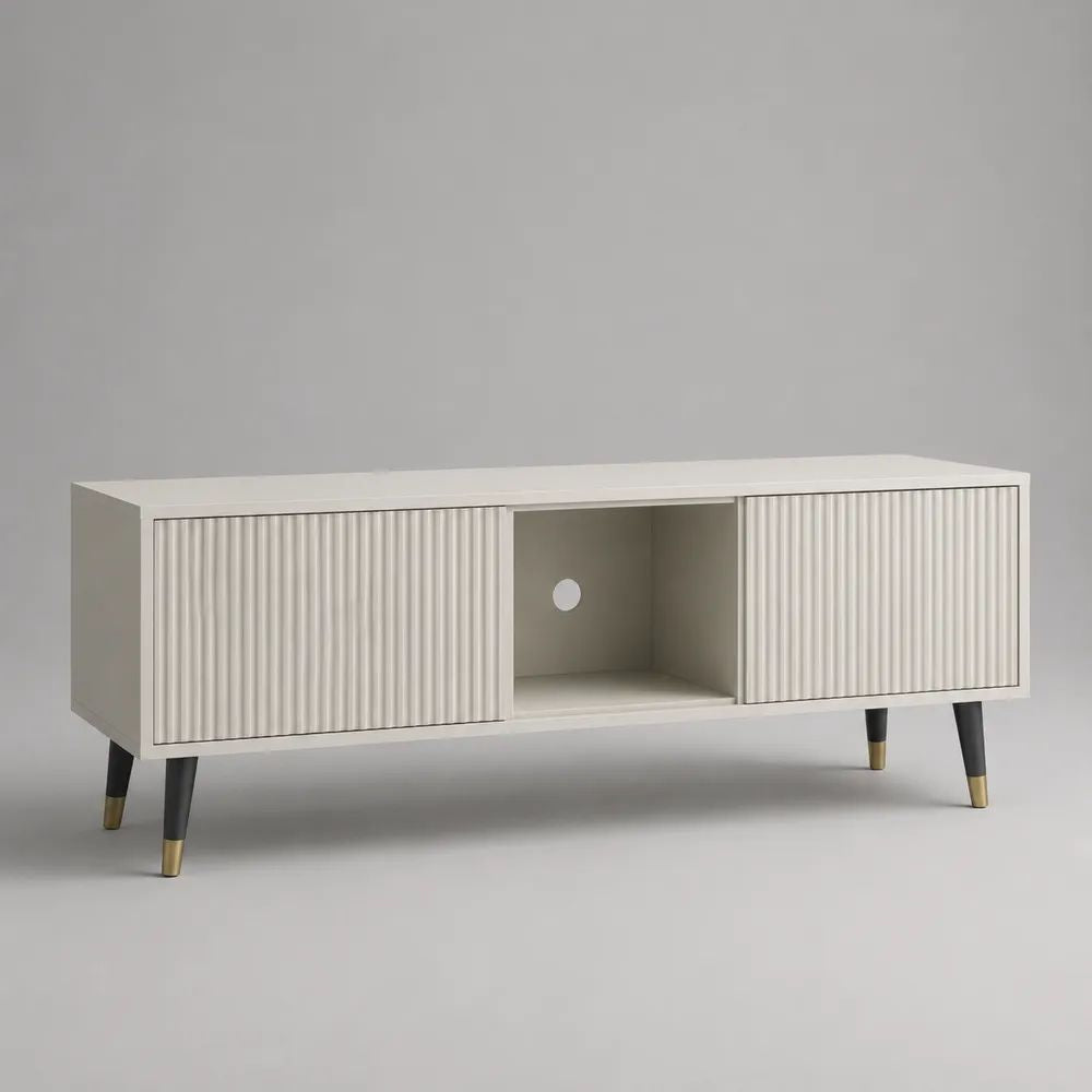 Mobile porta TV rettangolare in MDF con 2 ante scorrevoli scanalate e passacavi, bianco crema, 140 x 40 x 60 cm