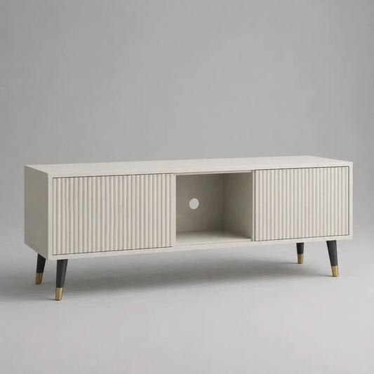 Mobile porta TV rettangolare in MDF con 2 ante scorrevoli scanalate e passacavi, bianco crema, 140 x 40 x 60 cm