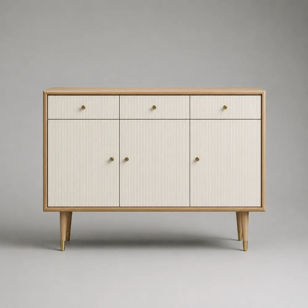 Credenza rettangolare bianca e rovere naturale in legno e MDF con 3 ante e 3 cassetti, 120 × 40 × 85 cm