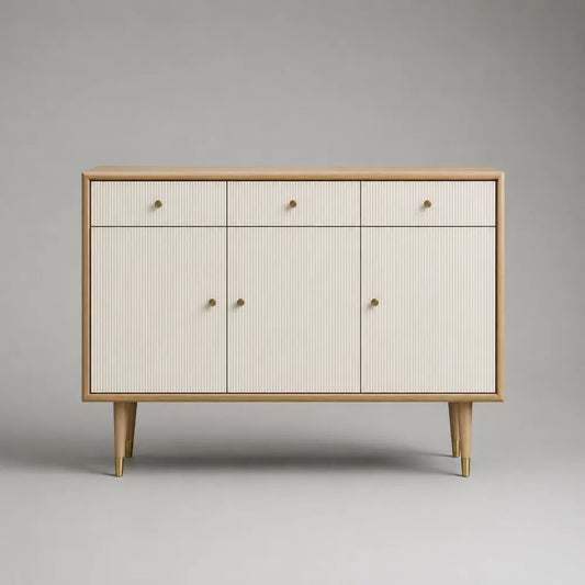 Credenza rettangolare bianca e rovere naturale in legno e MDF con 3 ante e 3 cassetti, 120 × 40 × 85 cm