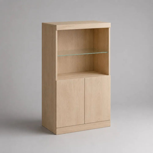 Credenza alta in legno con 2 ante e ripiano in vetro, rovere chiaro, 80 × 40 × 150 cm