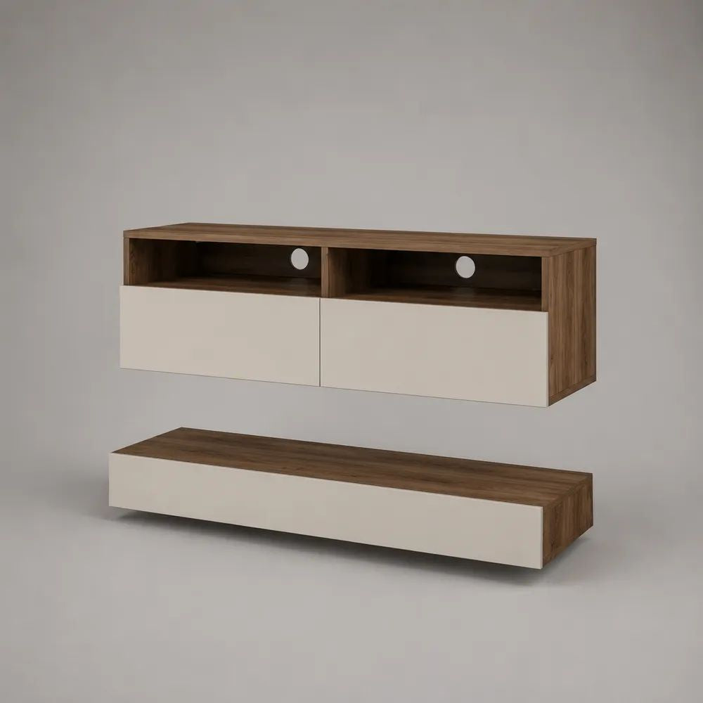 Set di 2 mobili TV sospesi in legno, marrone noce e bianco, 120 × 30 × 40 cm e 140 × 35 × 25 cm