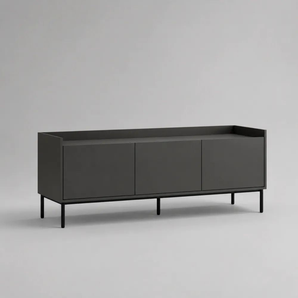 Mobile TV rettangolare a 3 ante in MDF verniciato e acciaio, 150 x 40 x 70 cm, grigio antracite e nero