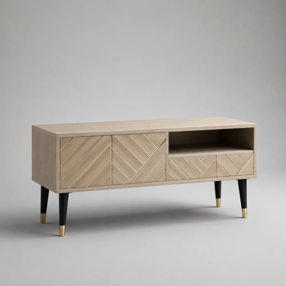 Mobile TV rettangolare in MDF impiallacciato con 2 ante, 2 cassetti e vano aperto, beige naturale, nero e oro, 120 × 40 × 70 cm