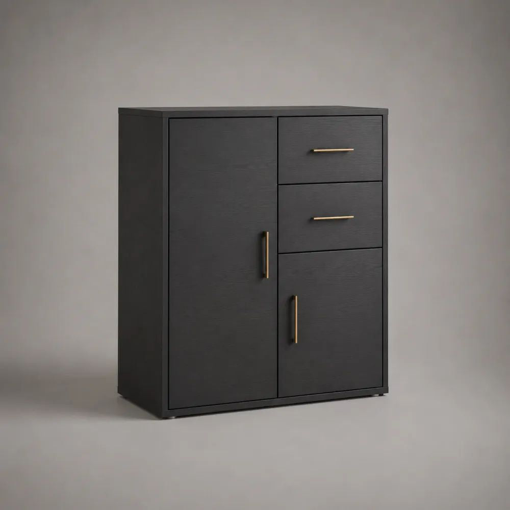 Credenza alta rettangolare in pannello truciolare nero e ottone con 2 ante e 2 cassetti, 80 x 35 x 100 cm