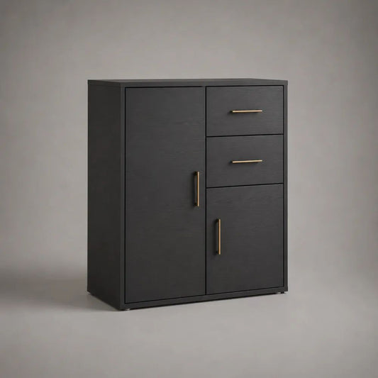 Credenza alta rettangolare in pannello truciolare nero e ottone con 2 ante e 2 cassetti, 80 x 35 x 100 cm