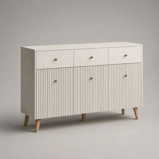 Credenza rettangolare bianca in MDF con 3 ante scanalate, 3 cassetti e gambe in legno, 120 × 40 × 80 cm