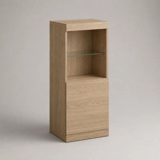 Credenza alta in pannello truciolare melaminico e vetro temperato, rovere chiaro e trasparente, 50 × 40 × 120 cm