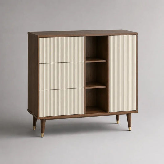 Credenza alta rettangolare in legno e metallo con 3 cassetti, 1 anta e 3 vani aperti, marrone noce, crema e oro, 120 x 40 x 110 cm