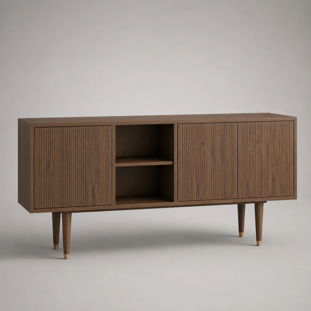 Mobile TV rettangolare a 3 ante in legno e metallo, marrone noce e ottone, 160 x 40 x 80 cm