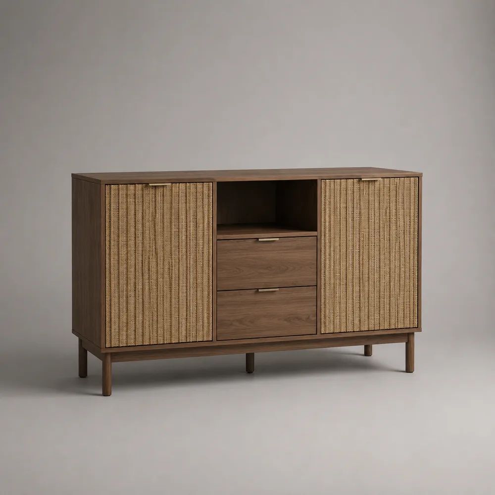 Credenza buffet rettangolare in MDF impiallacciato noce e rattan naturale, marrone e beige, 140 × 40 × 90 cm