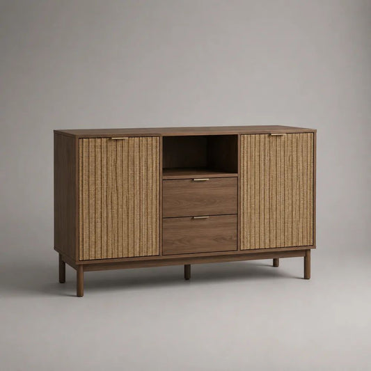Credenza buffet rettangolare in MDF impiallacciato noce e rattan naturale, marrone e beige, 140 × 40 × 90 cm